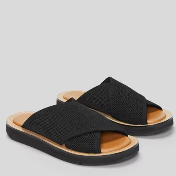 EVERLANE The ReKnit City Flatform Sandal Black Crossover Strap Slip On Sz 9 NEW - Picture 1 of 9